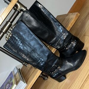 Sleek Black Over the Knee Boots with Textured Leather